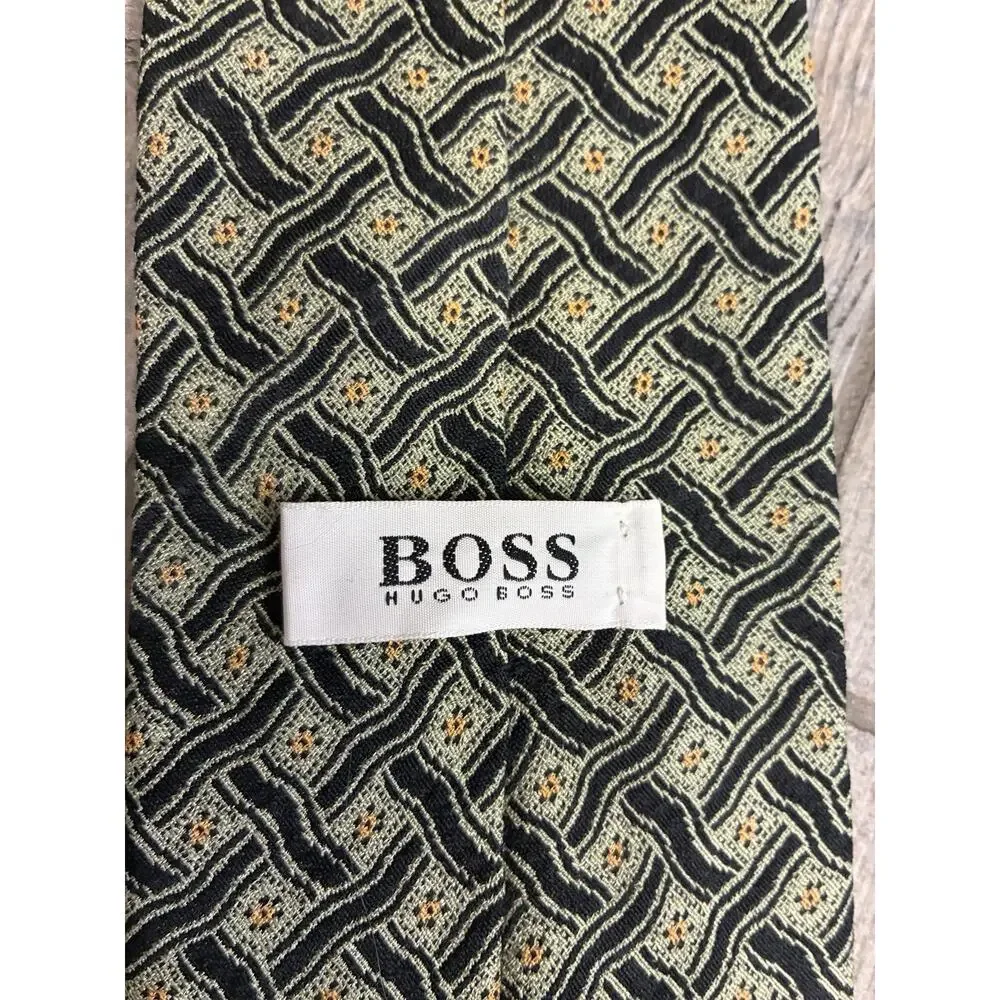 Hugo Boss Men's Silk Tie Green Gold Black Woven Geometric Basketweave Italy